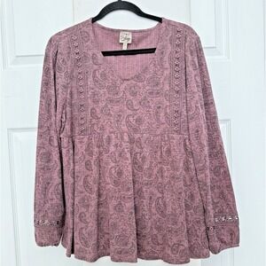 Como Vintage Womens XL Boho Paisley Peasant Top V-Neck Mauve‎ Relaxed Fit